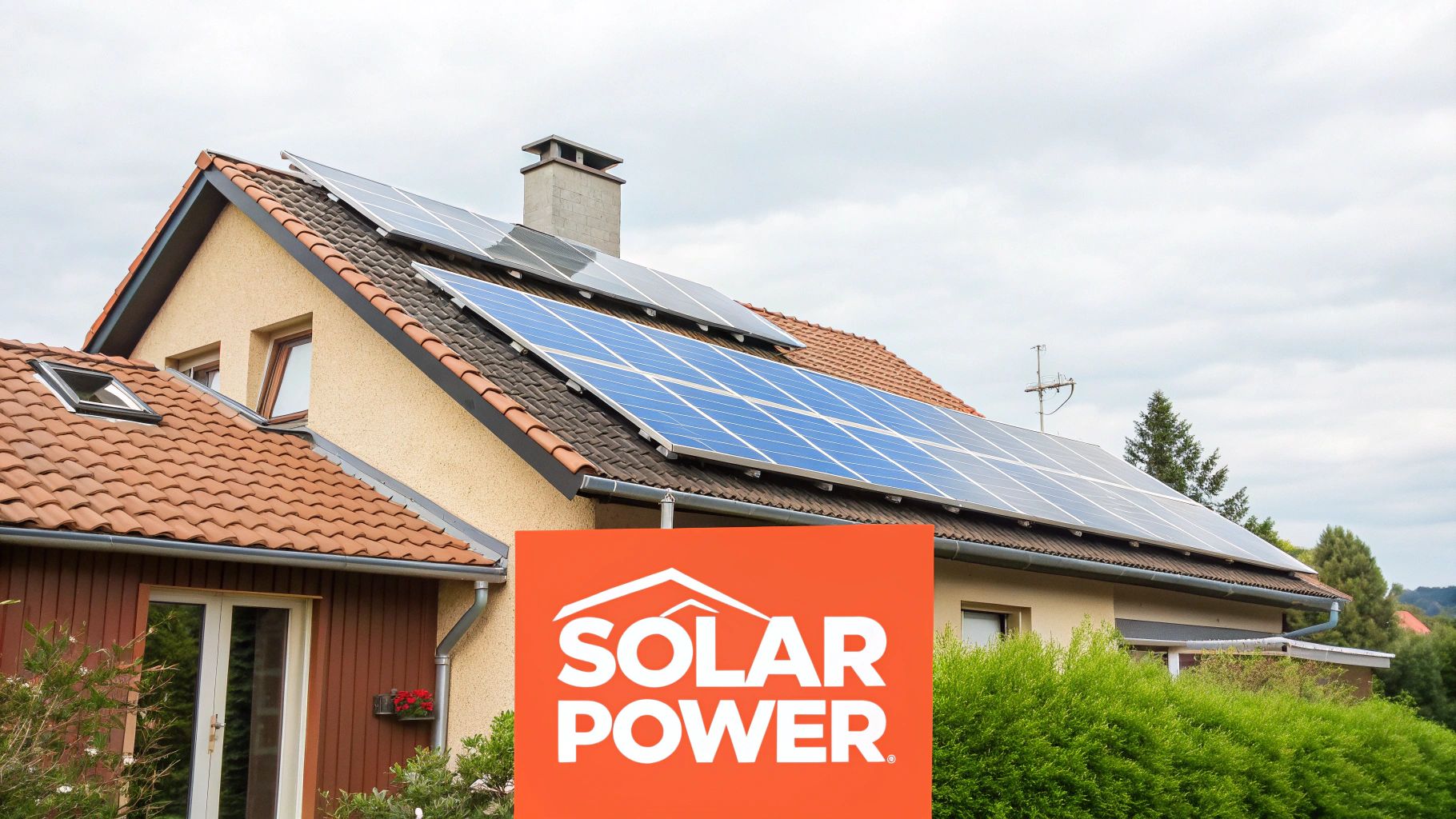 A solar panel installation on a rooftop in a residential area, with the sun shining brightly, symbolising renewable energy potential.