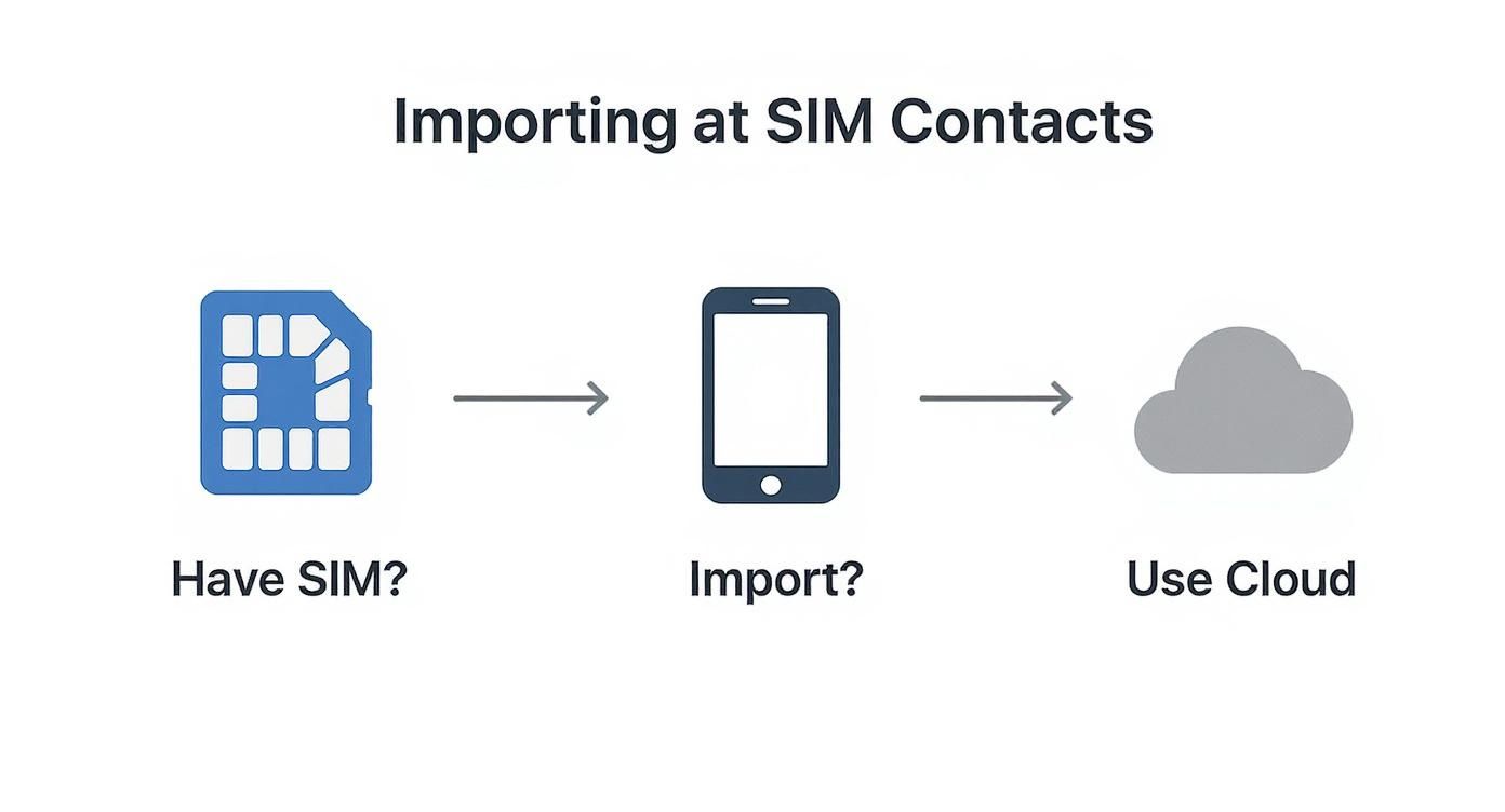 Infographic about how to import sim contacts to iphone. The chart asks 'Do you have the old SIM card with your contacts on it?' If 'Yes,' the path leads to 'Use the Import SIM Contacts feature in iPhone Settings.' If 'No,' the path leads to 'Use a cloud backup like iCloud or Google Contacts.' alt="Infographic about how to import sim contacts to iphone"