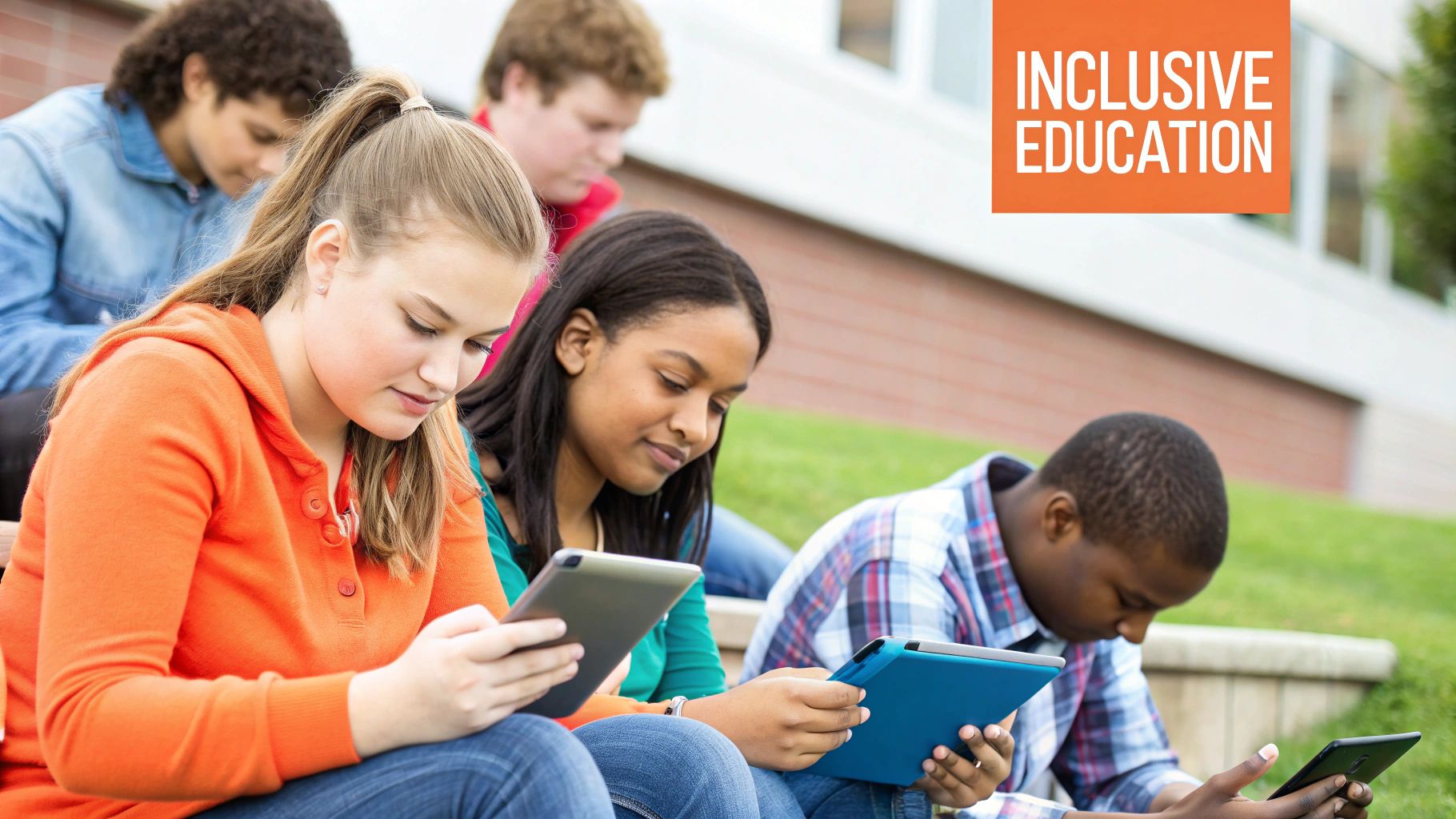 A diverse group of students using various devices with accessibility features enabled, such as screen readers and real-time captioning, in a collaborative learning environment.