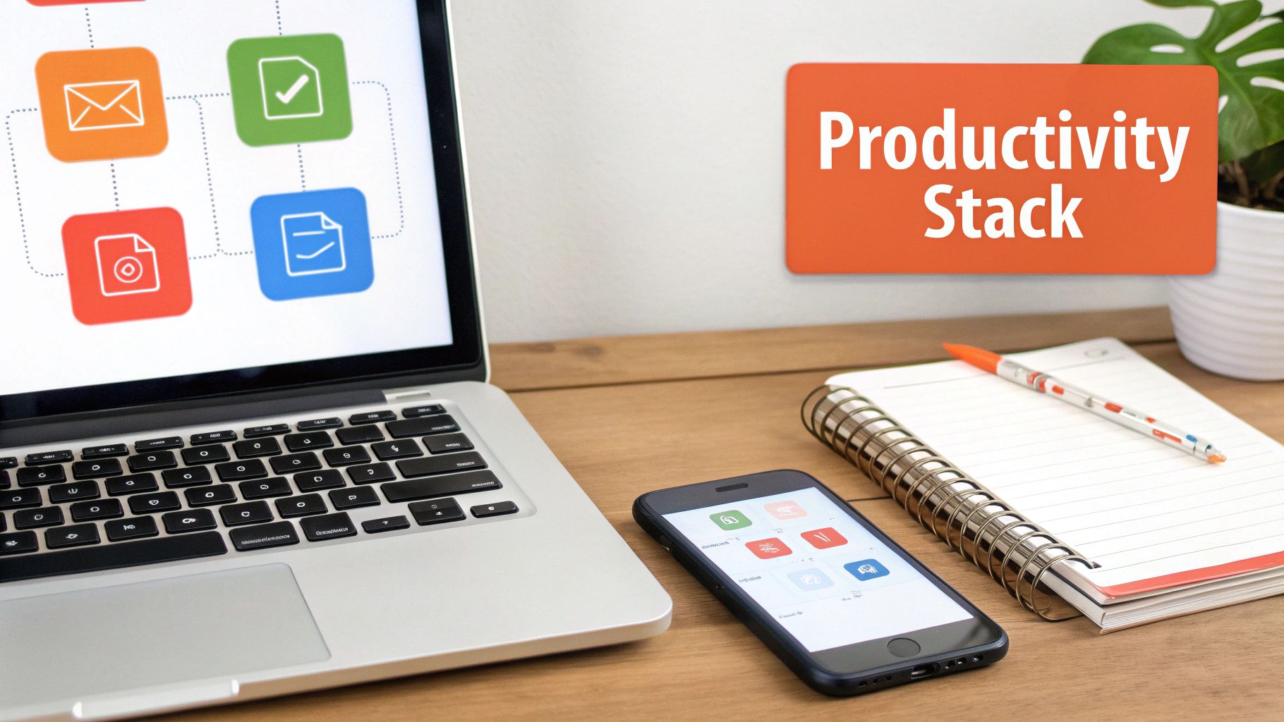A laptop and smartphone displaying productivity apps on a desk with a 'Productivity Stack' sign.