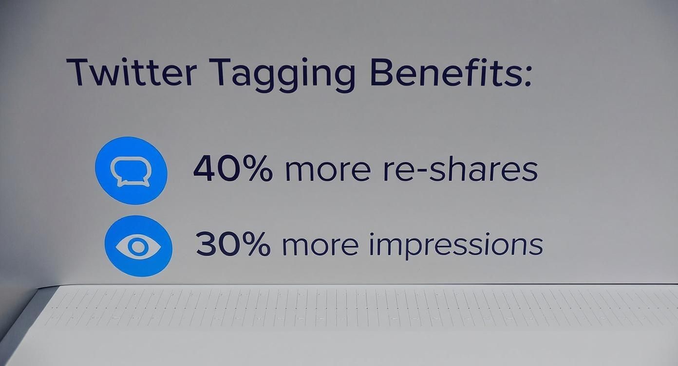 Infographic showing that tagging on X leads to 40% more reshares and 30% more impressions.