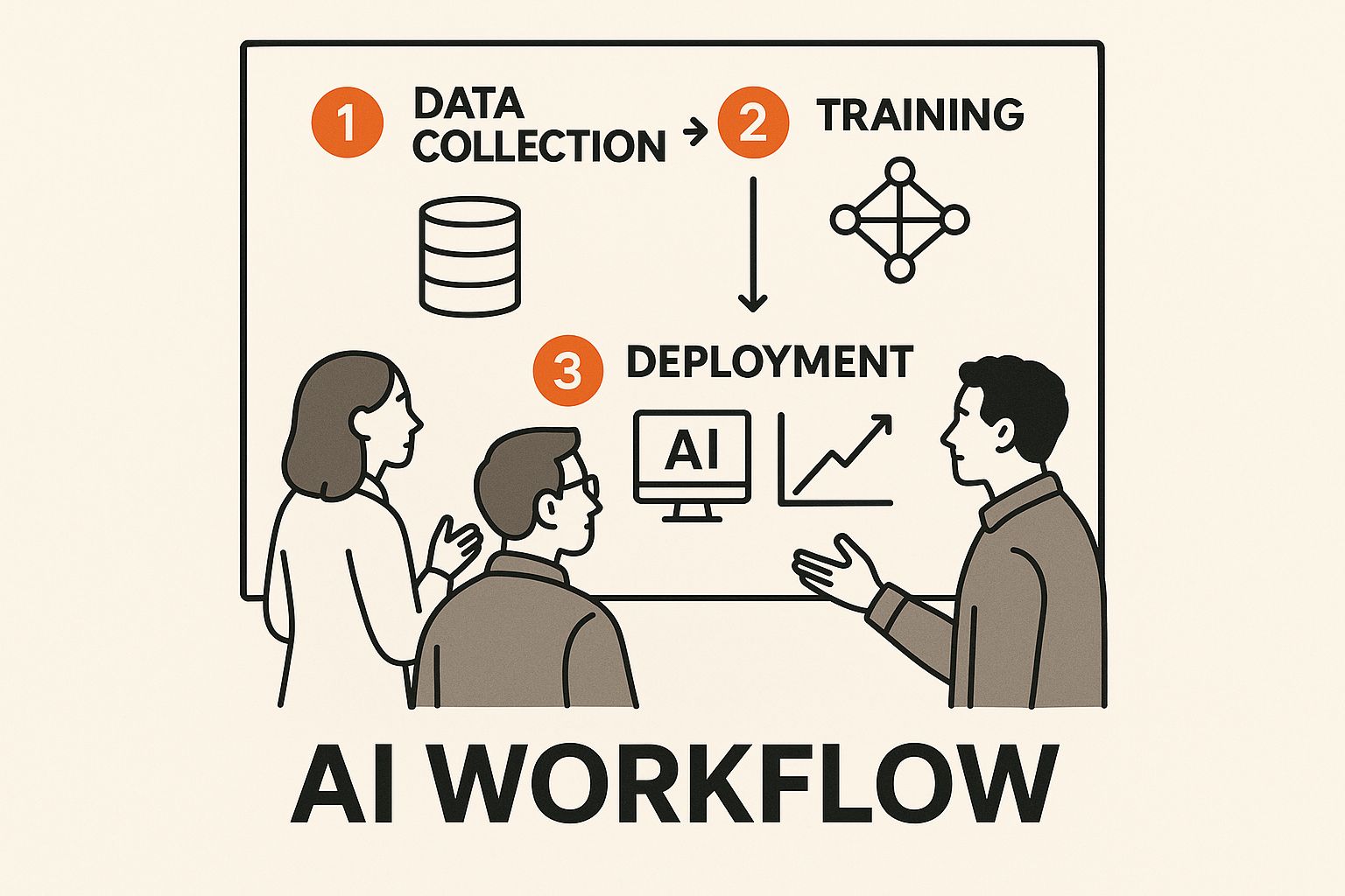 Infographic about ai for creative problem solving showing a small team gathered around a whiteboard with sketches and charts, and a text block that says 'AI Workflow'.