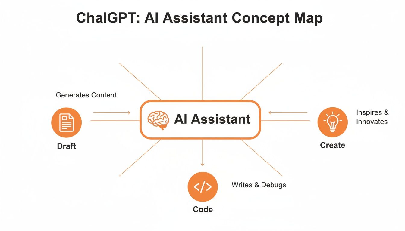A ChatGPT AI Assistant concept map showing its functions: drafting content, writing code, and inspiring creation.