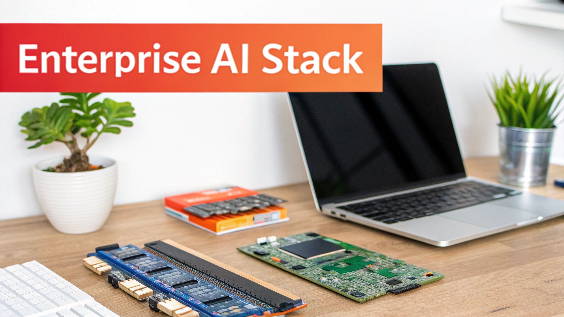 Desk with 'Enterprise AI Stack' banner, laptop, circuit boards, and plants for an AI workspace.