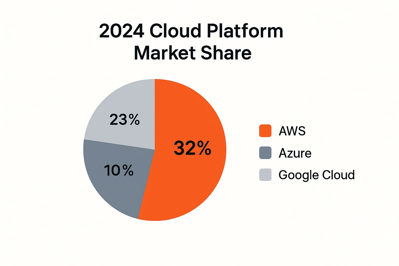 A pie chart illustrating the 2024 cloud platform market share. AWS leads with 32%, followed by Azure at 23%, and Google Cloud at 10%.