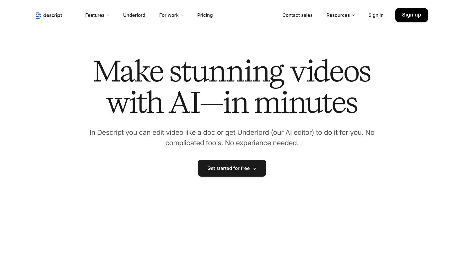 Descript's text-based video editing interface, showing a transcript linked to the video timeline.