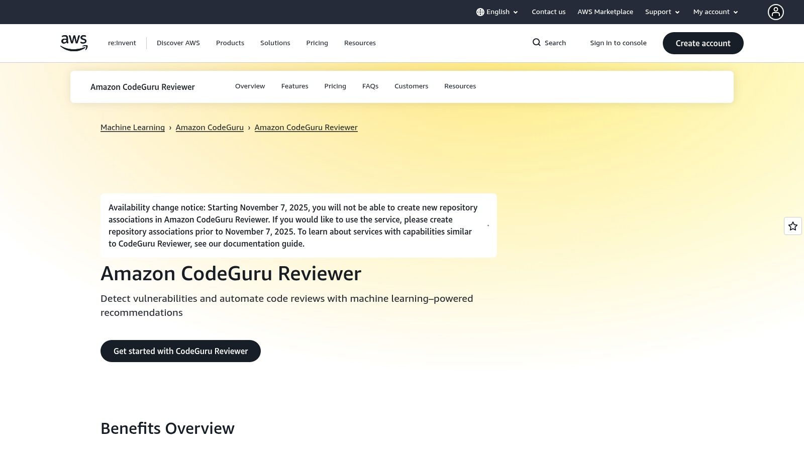 Amazon CodeGuru Reviewer dashboard showing code quality recommendations.