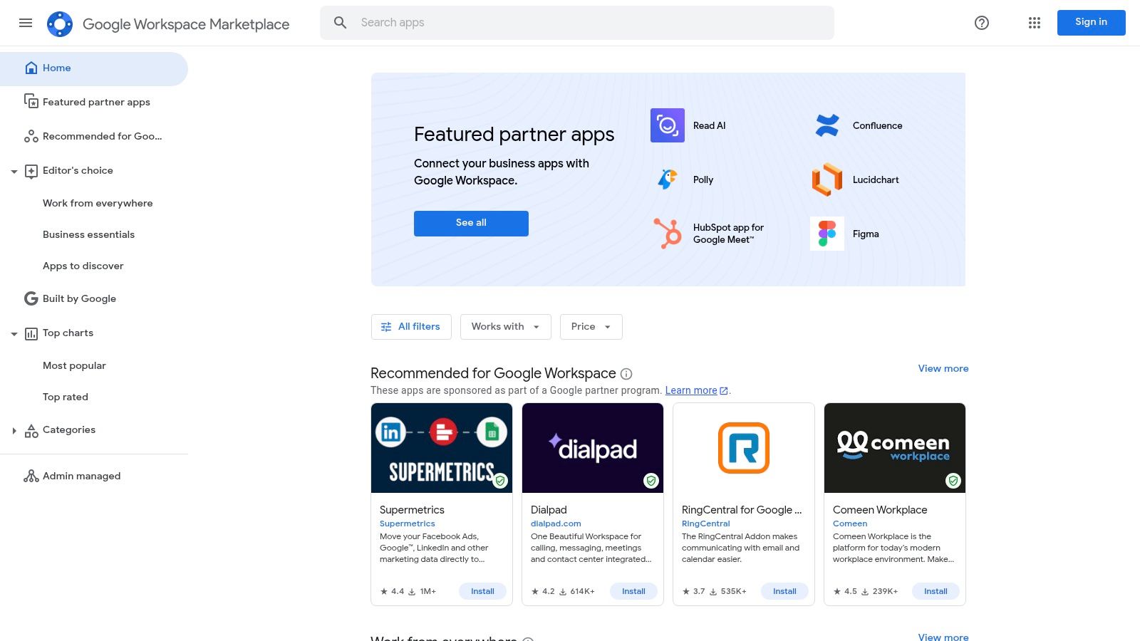 A screenshot of the Google Workspace Marketplace interface showing various AI-powered add-ons available for installation in apps like Gmail, Docs, and Sheets.