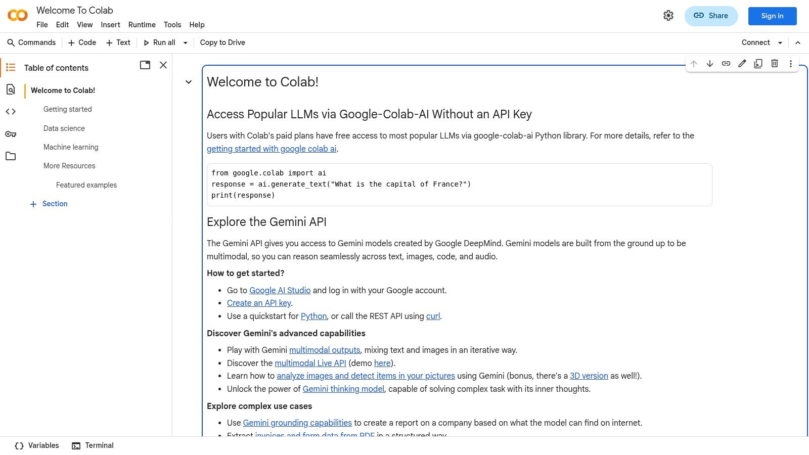 An interface of Google Colab showing Python code in a notebook with cells for text and code execution.