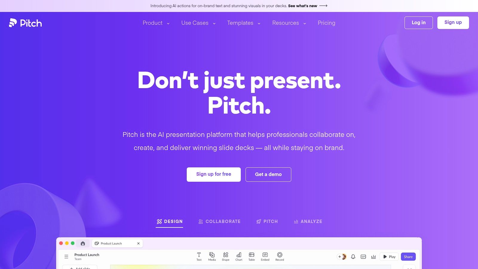 The user interface of Pitch, showing a presentation being created with the "Start with AI" feature highlighted.