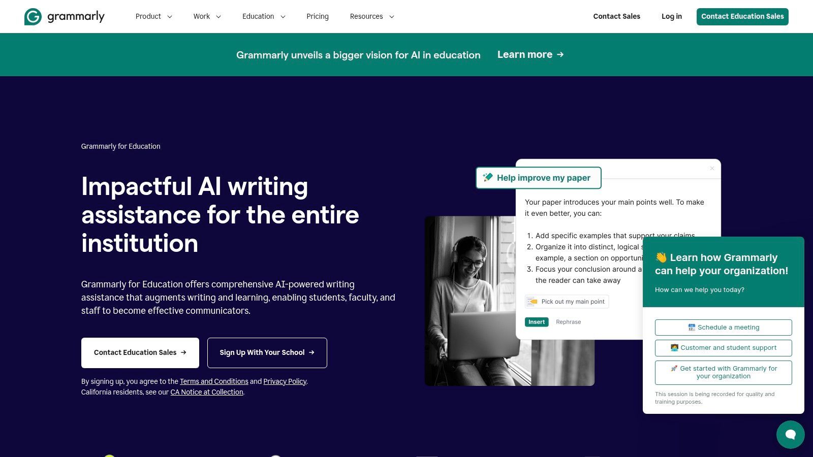 The Grammarly for Education dashboard showing analytics on student usage and writing improvements.