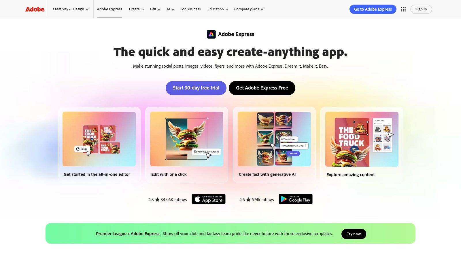 A screenshot of the Adobe Express interface showing the generative AI features for creating images and text effects.