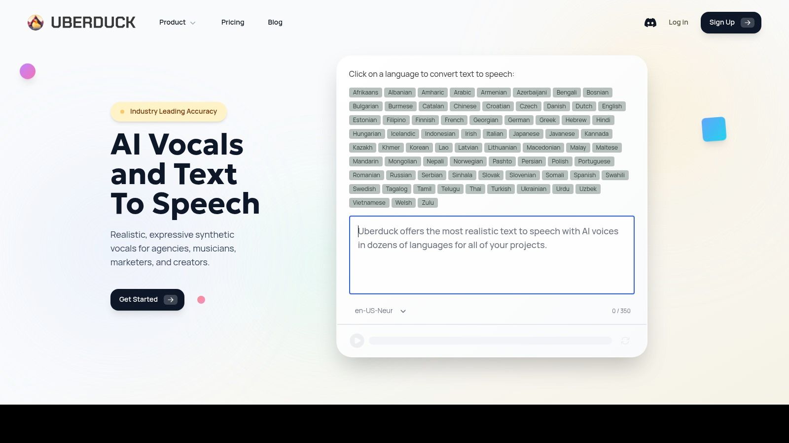 Uberduck platform interface showing text-to-speech options, including voice selection for characters and rap generation.