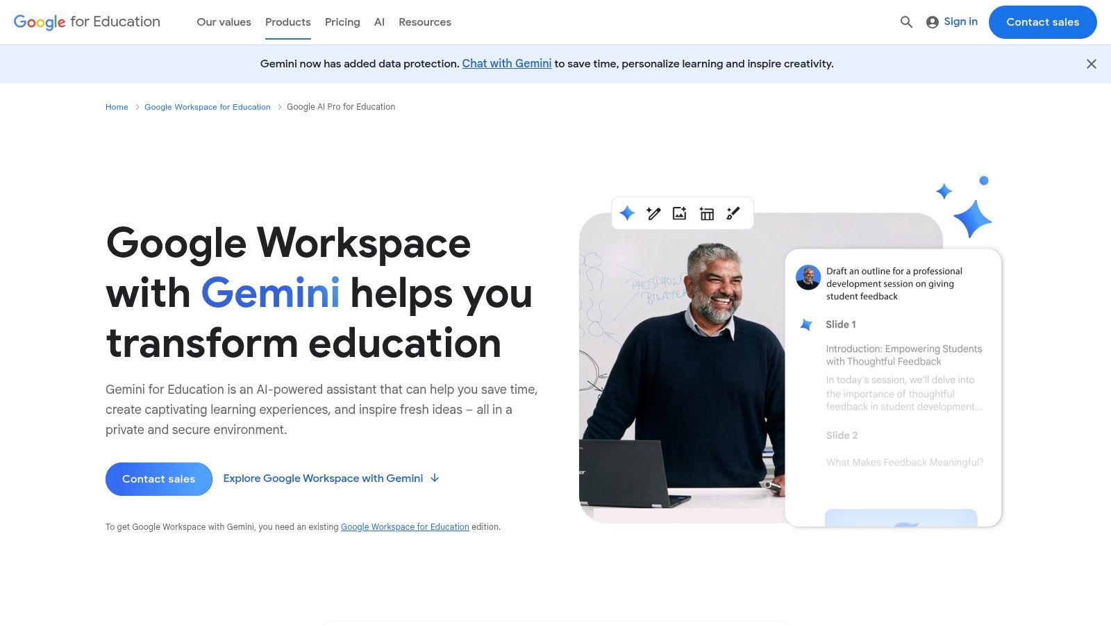 An illustration showing the Gemini AI logo integrated with Google Workspace app icons like Docs, Sheets, and Slides, signifying AI features within the suite.
