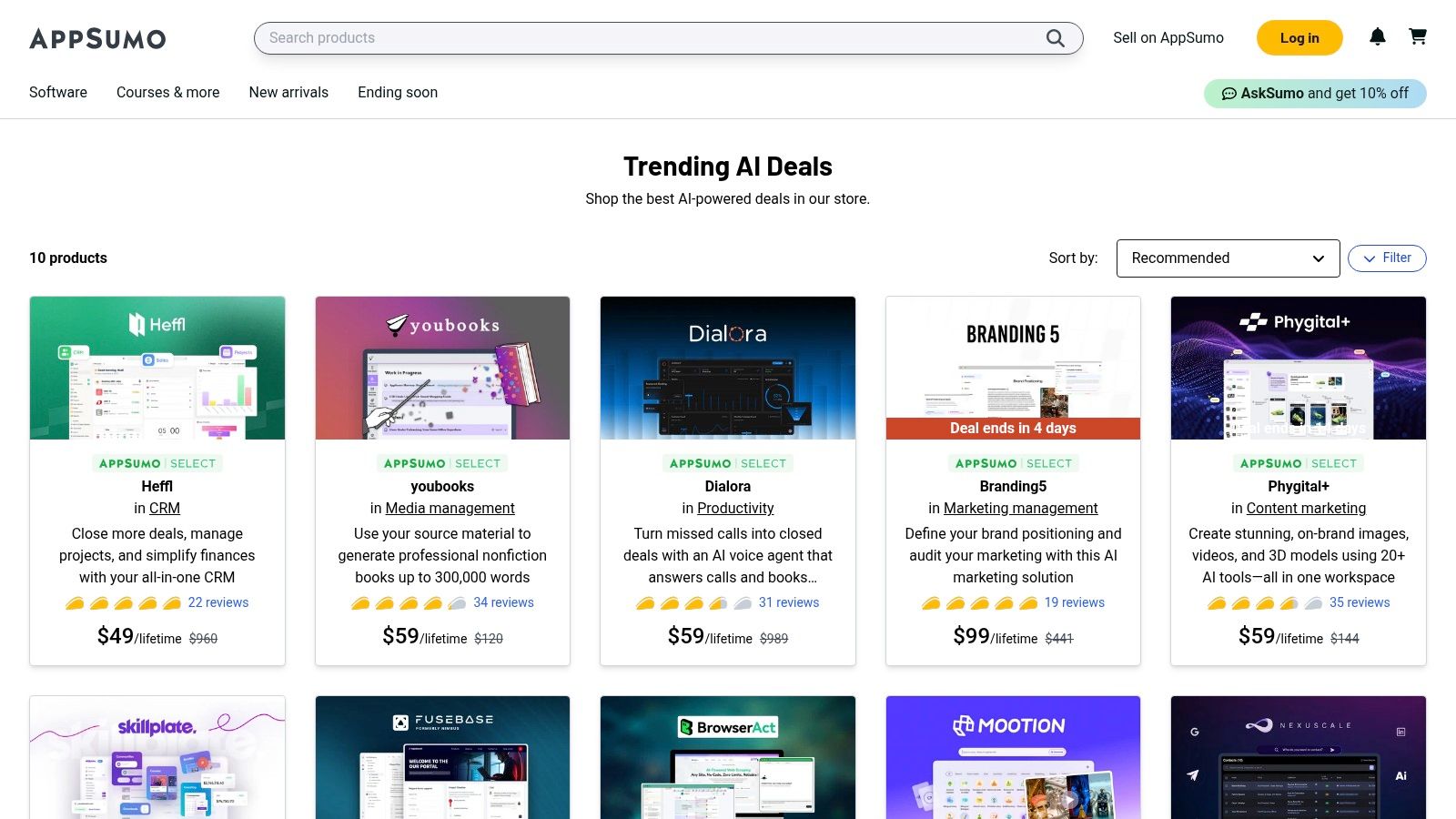 A screenshot of the AppSumo website showcasing its trending AI tools collection, with various software deals displayed.