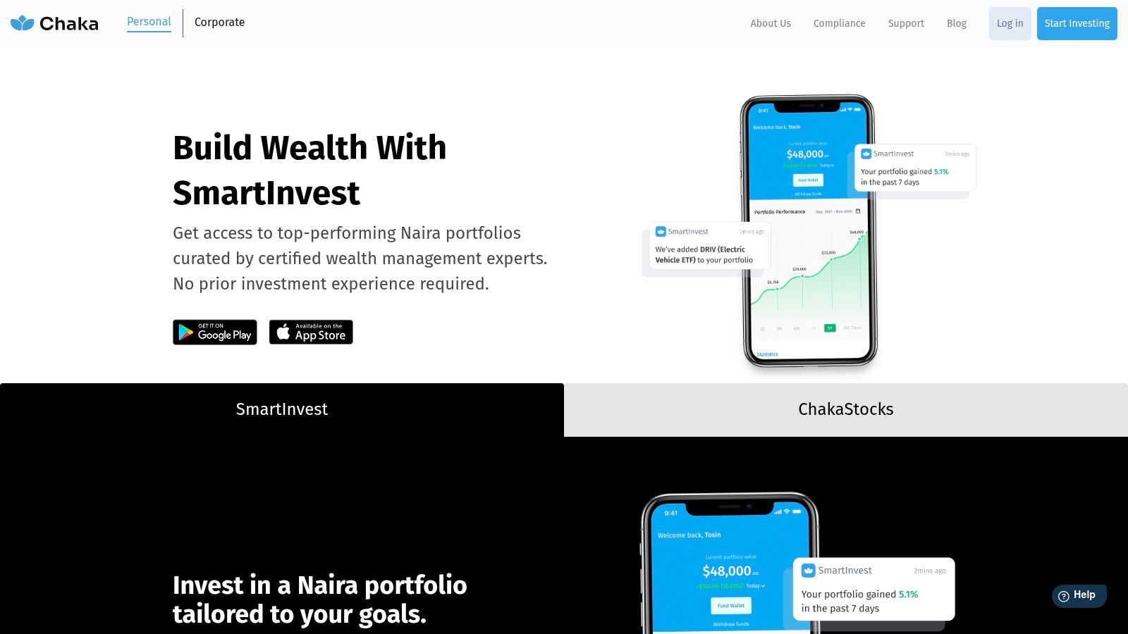 A screenshot of the Chaka mobile app interface, displaying portfolio performance and a watchlist of stocks.