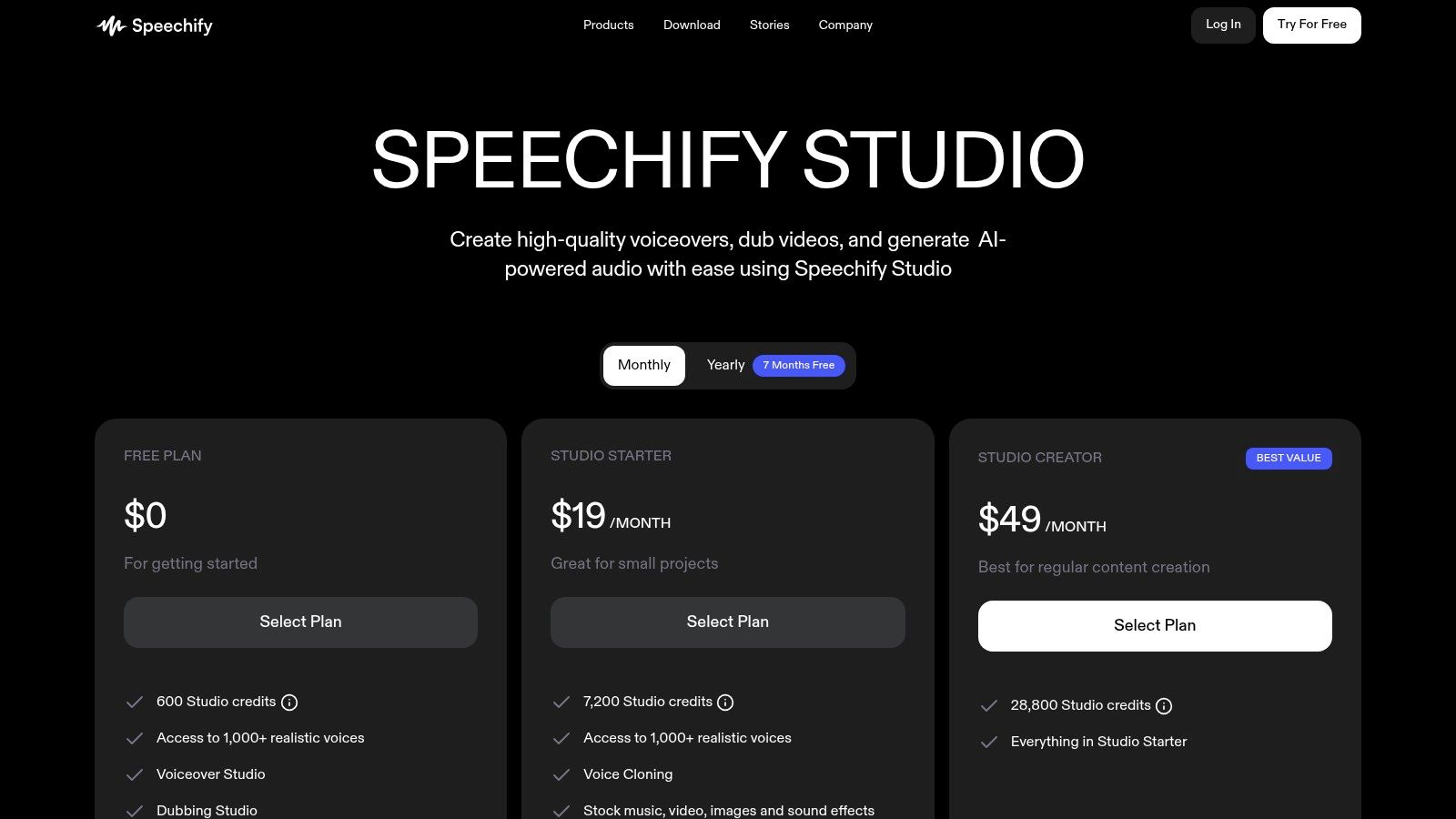 Speechify Studio's user interface showcasing its voice-over and dubbing capabilities, including voice selection and a project timeline.