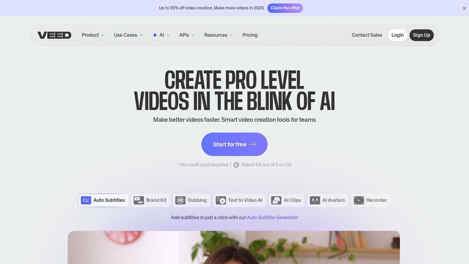 The user interface of VEED.IO's AI Playground, showing options for AI avatars and text-to-video generation.