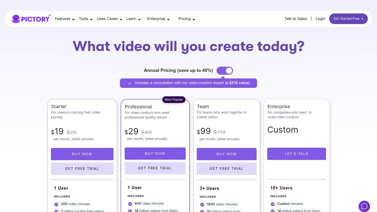 Pictory pricing plans showcasing its packages for creators and professionals.