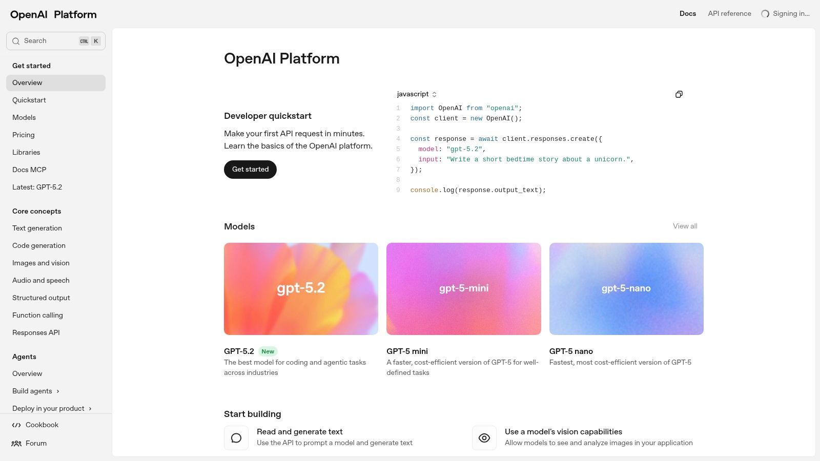The OpenAI API platform dashboard, showing various models and tools available to developers.