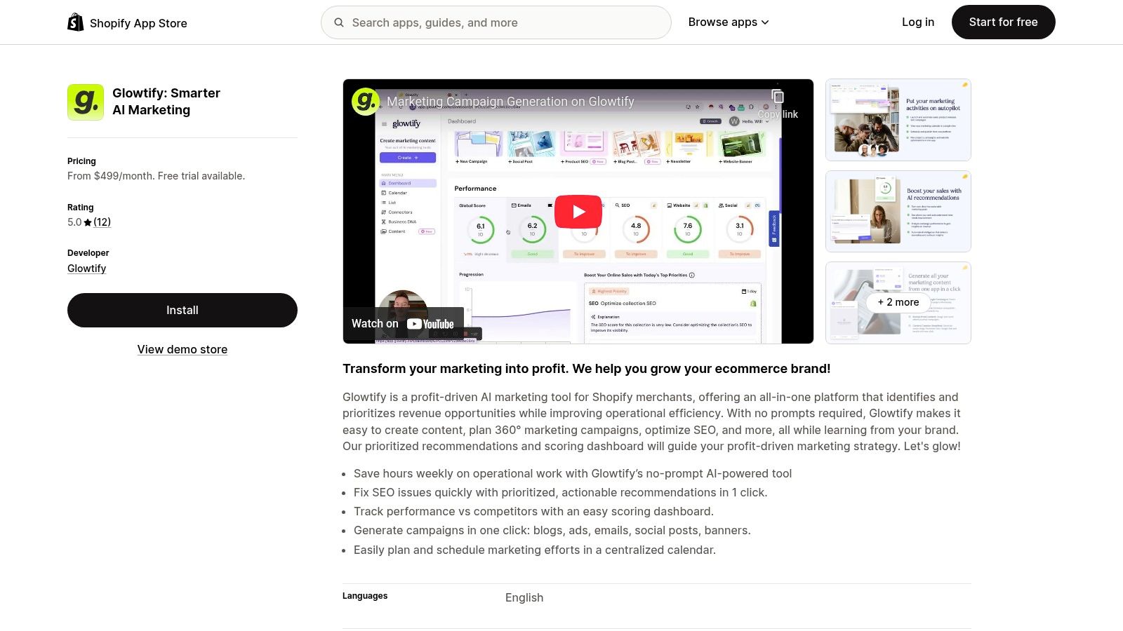The Shopify App Store interface showcasing various AI marketing apps available for installation.