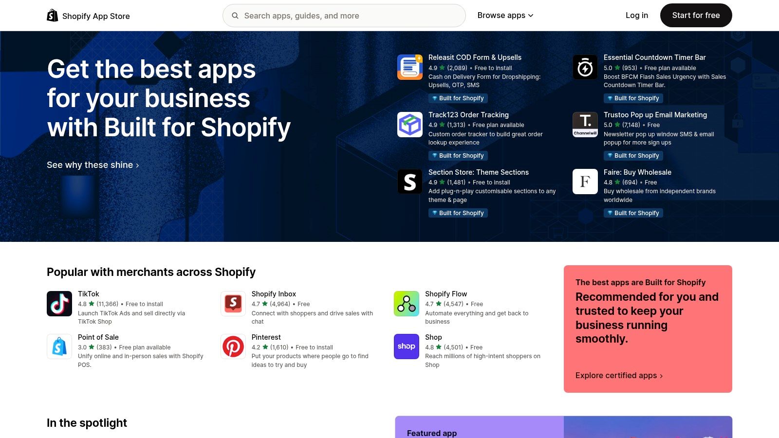 The Shopify App Store homepage, featuring categories of apps for ecommerce merchants to discover and install.