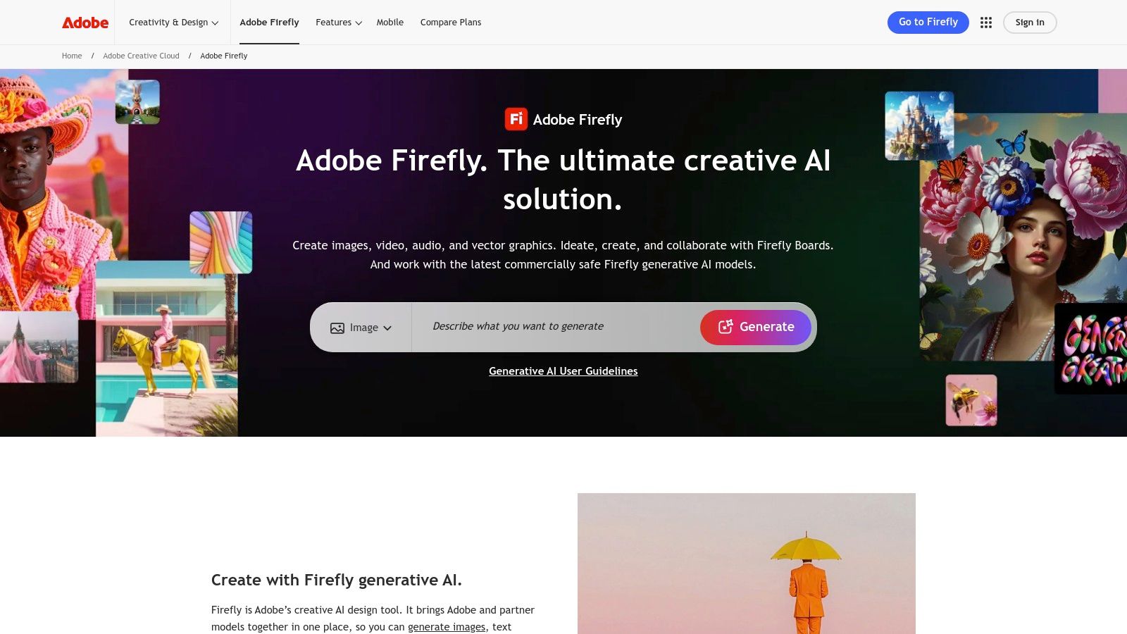 A screenshot of the Adobe Firefly interface displaying a gallery of AI-generated images with a prompt bar at the top.