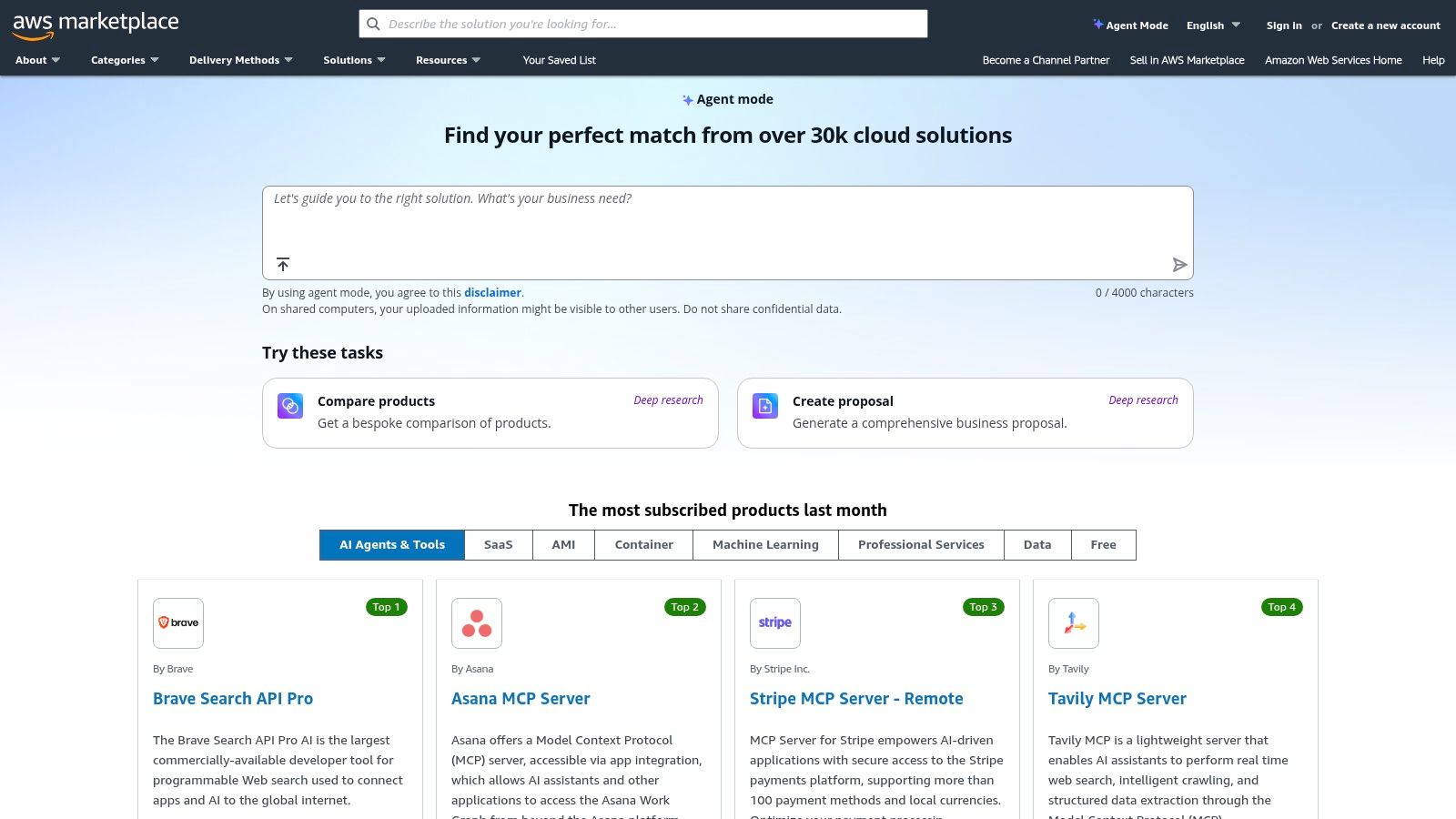 A screenshot of the AWS Marketplace homepage showing the search bar and categories, with a focus on AI and machine learning software listings.
