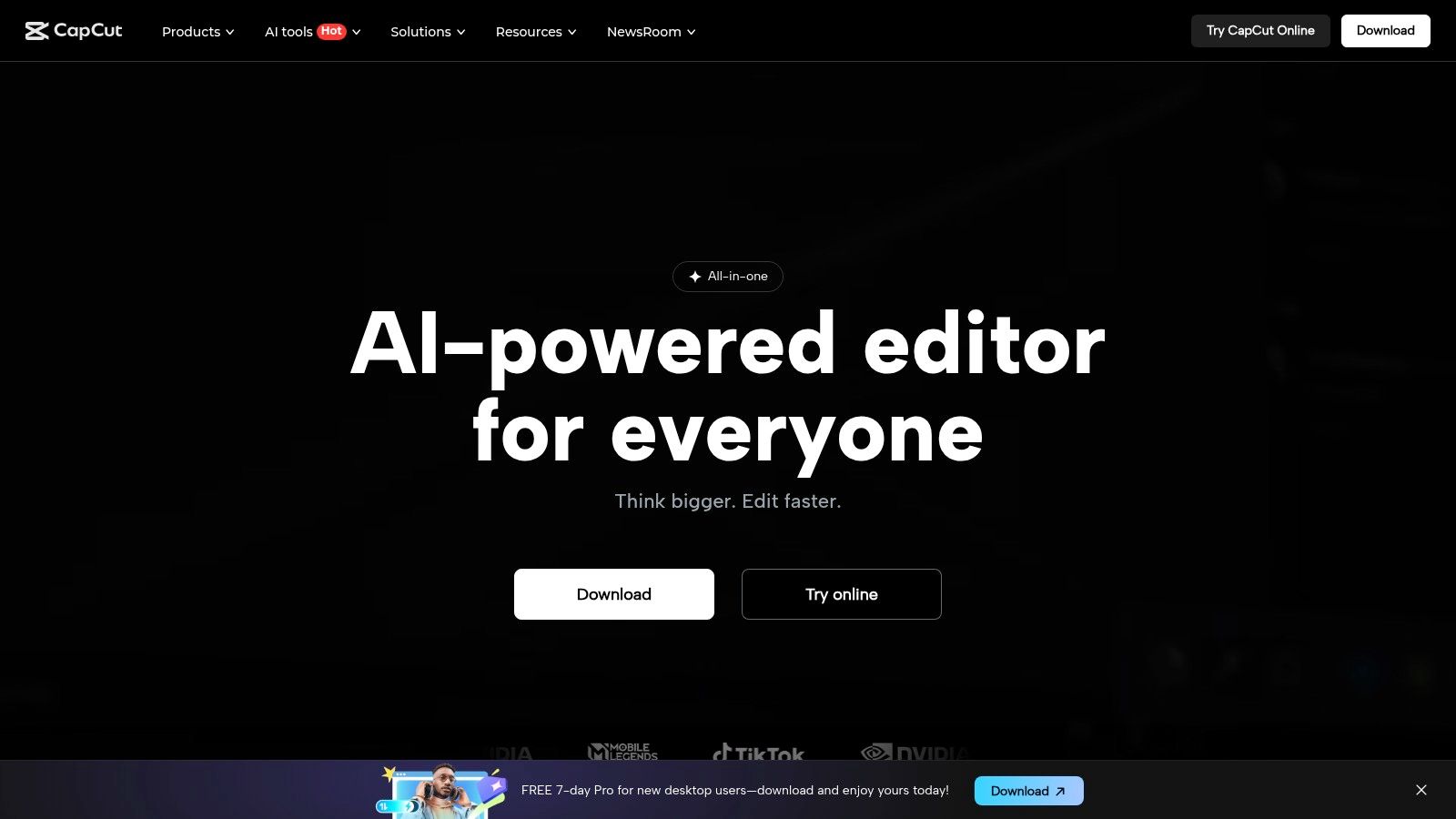 The CapCut user interface showing its AI-powered background removal and auto-captioning tools on a mobile device.