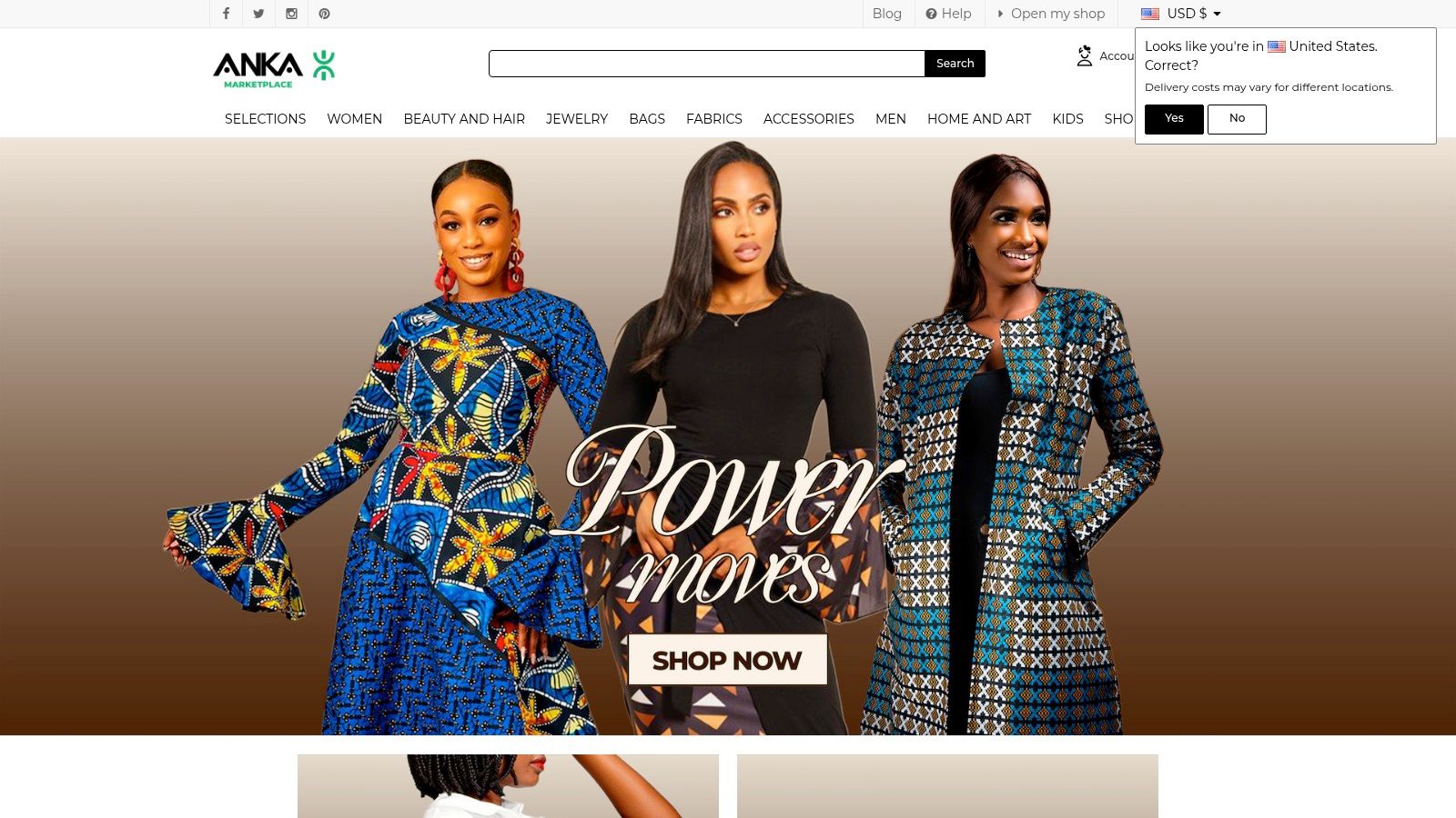 A screenshot of the Afrikrea homepage showcasing a variety of African-inspired fashion items for women, including dresses and accessories.