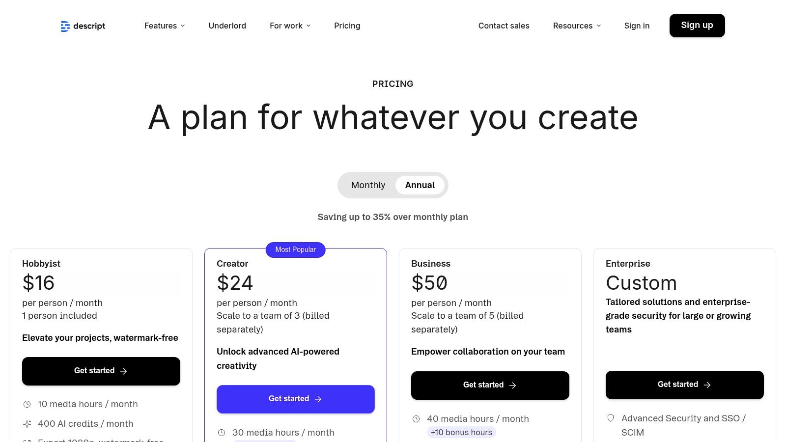 Descript's pricing plans, which offer different transcription hour limits and AI features.