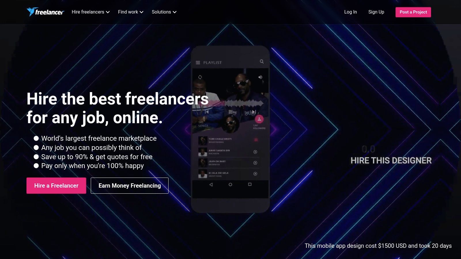 A screenshot of the Freelancer.com mobile app interface showing a list of available projects.