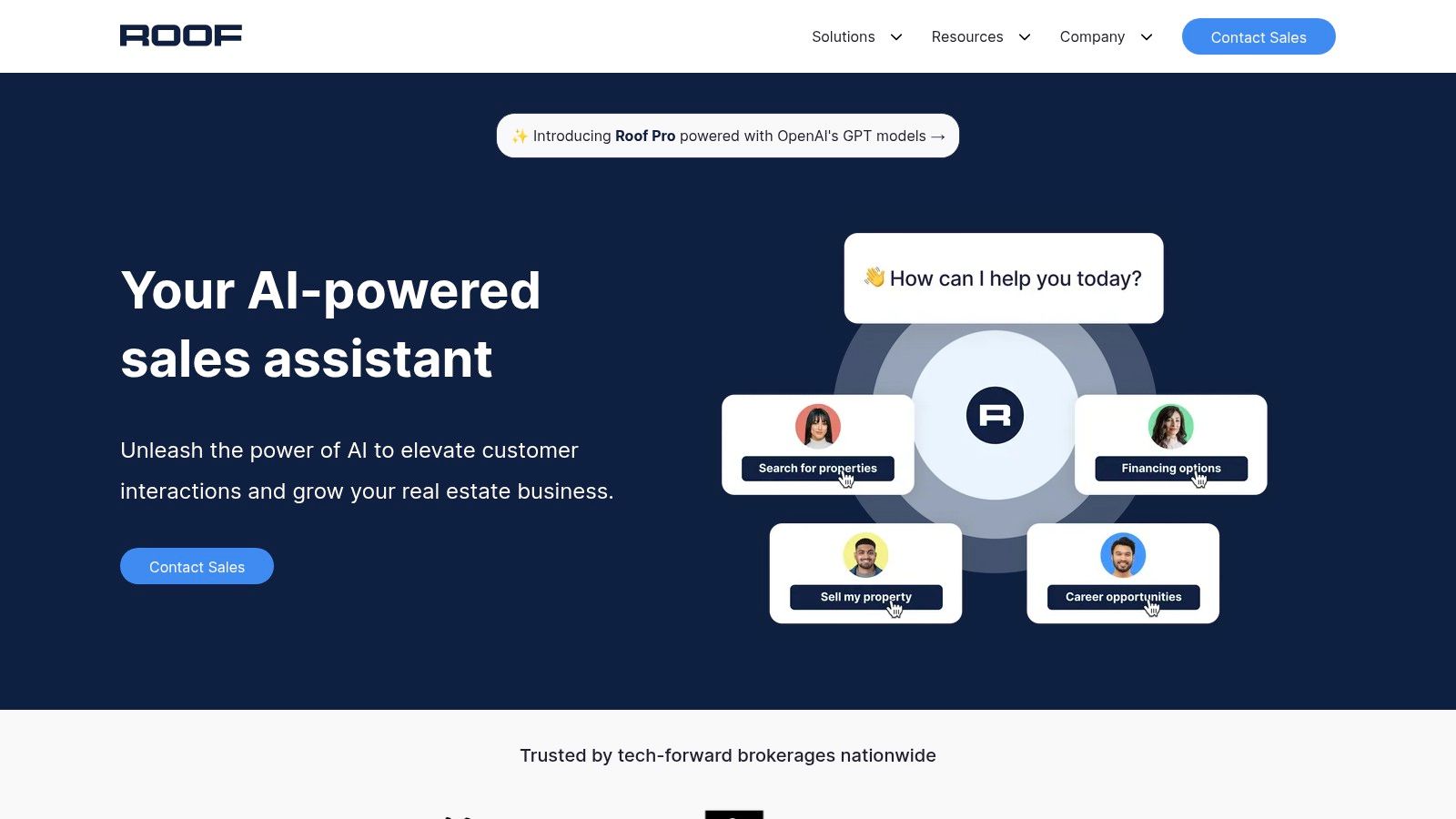 A screenshot of the Roof AI chat interface on a real estate brokerage website, showing a welcome message and interactive buttons.