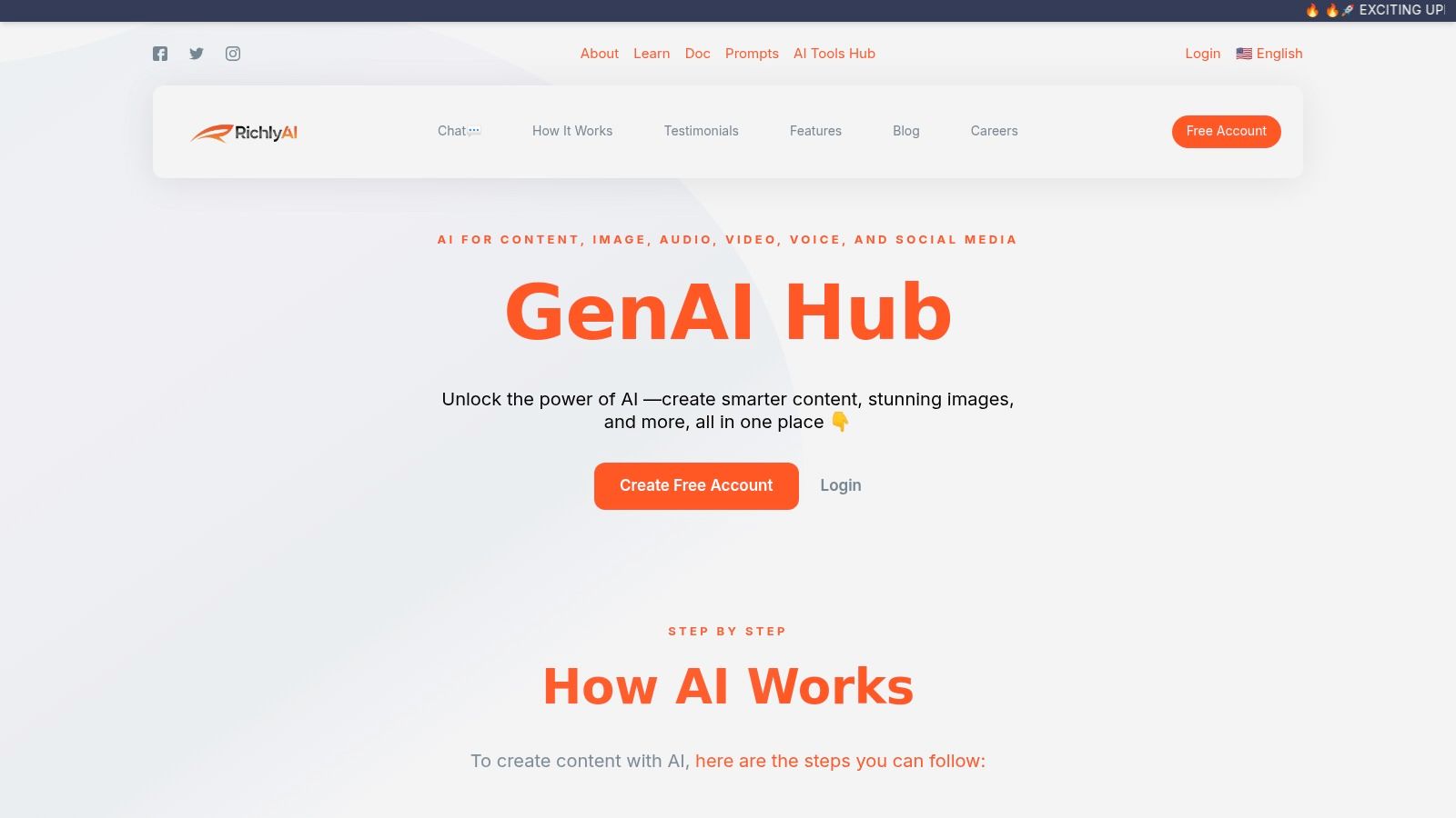 RichlyAI dashboard showing various AI tools for content creation, including text, image, and code generation.