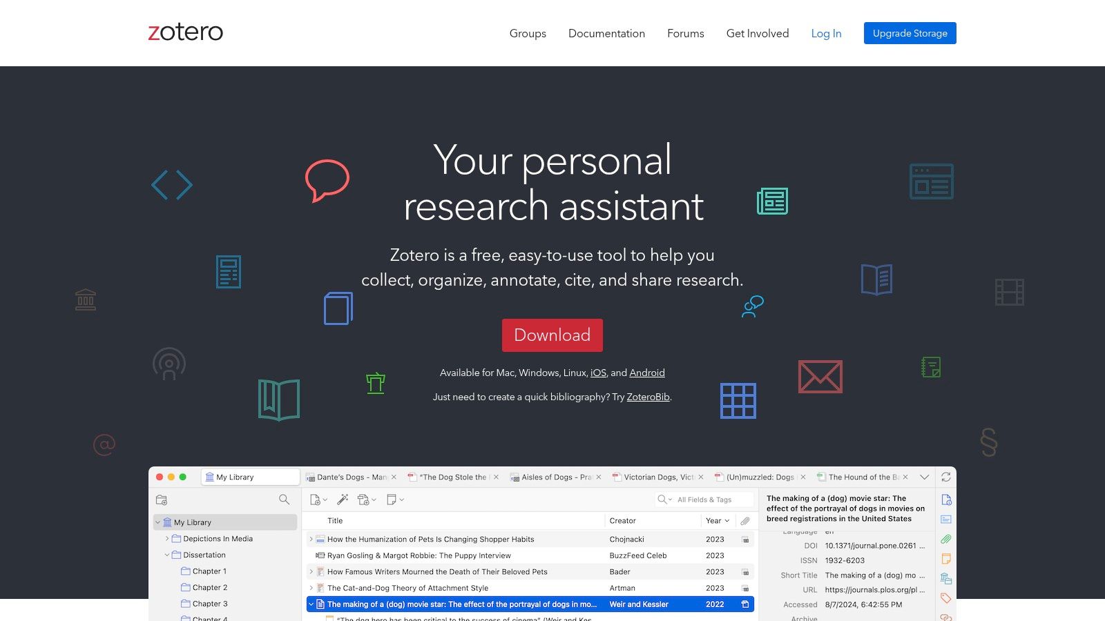 A screenshot of the Zotero interface, showing a library of organized research papers and citations.