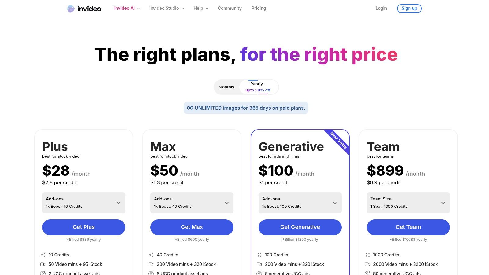 InVideo AI's pricing plans offer different levels of access for creators and teams.