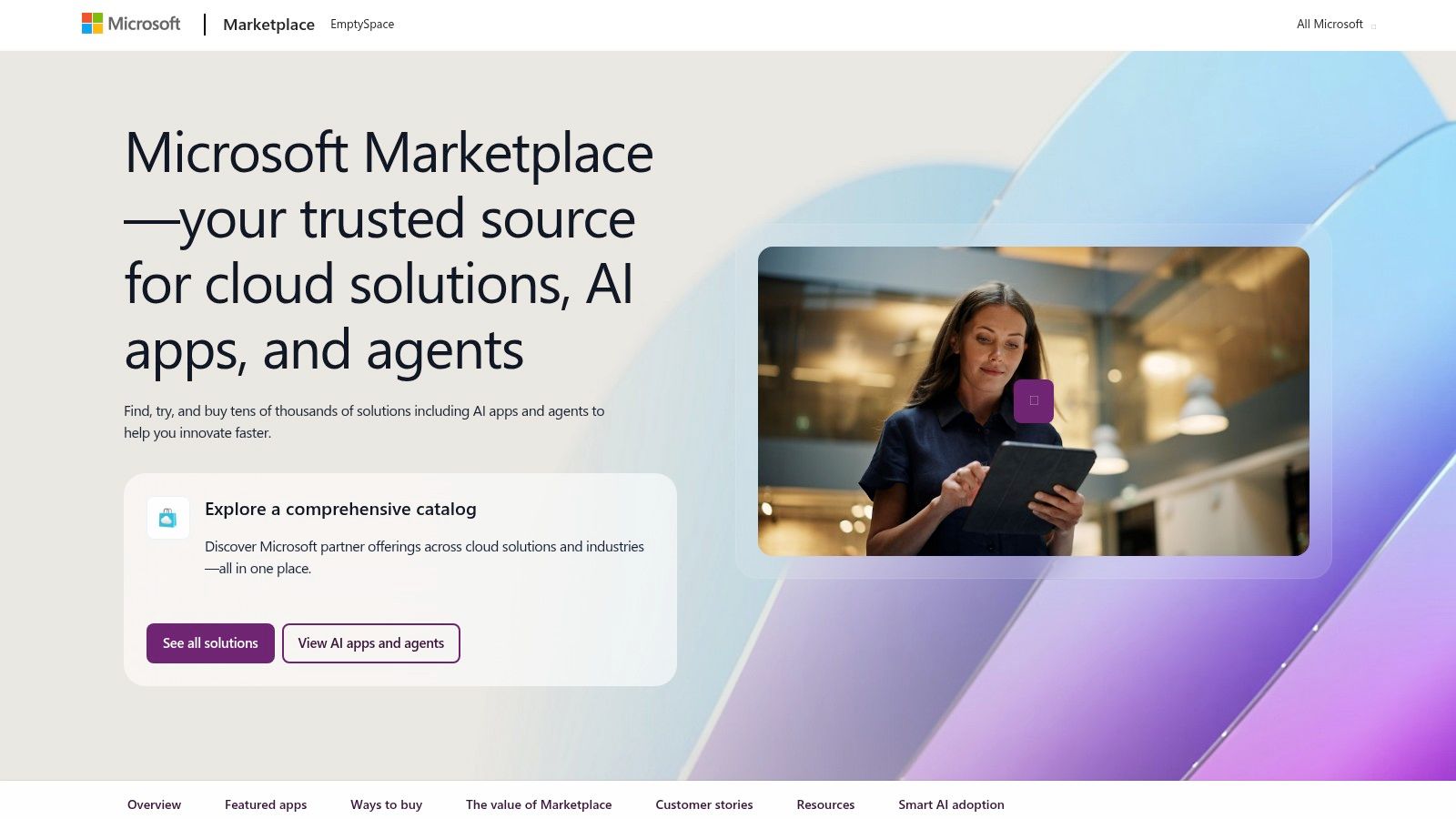 A screenshot of the Microsoft Marketplace homepage, showing categories like AI + Machine Learning, and featured AI apps.