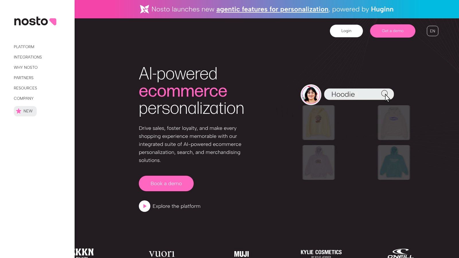 A screenshot of the Nosto platform dashboard showing various personalization campaign analytics and performance metrics.