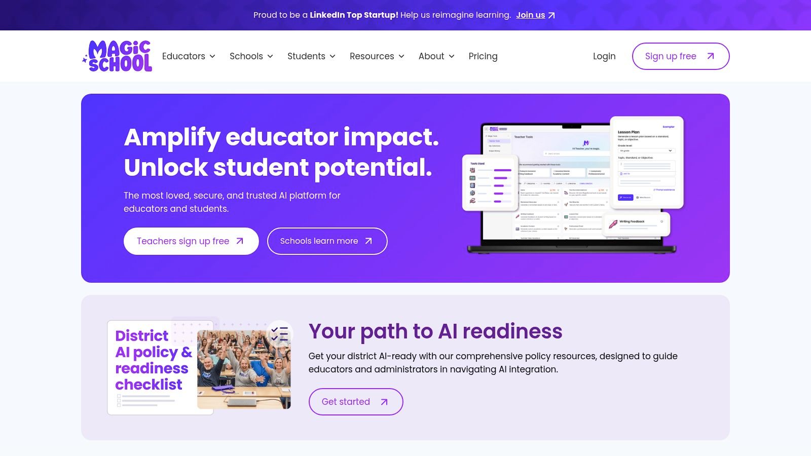 The MagicSchool.ai dashboard showcasing its wide array of teacher-focused AI tools.