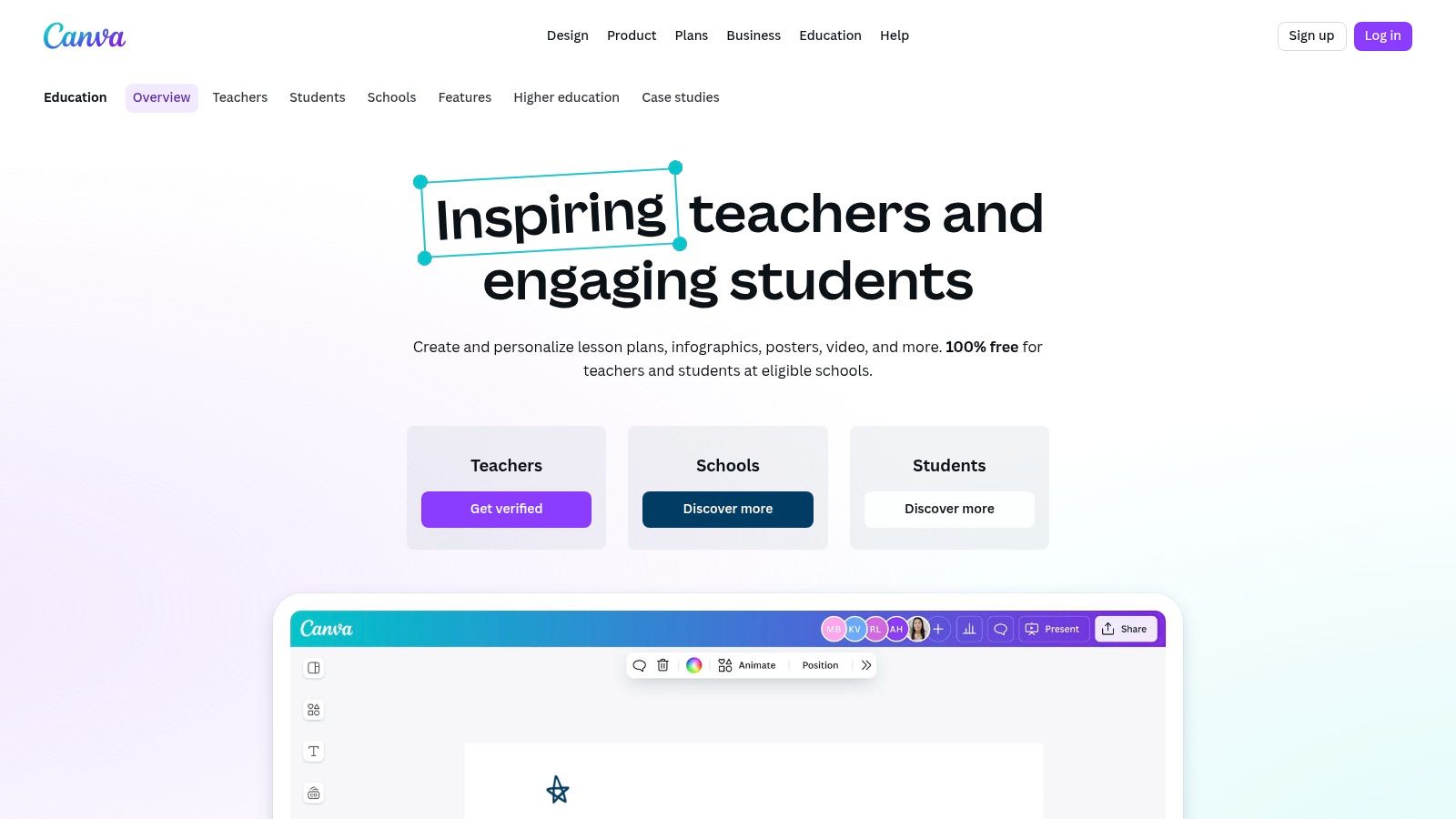 A screenshot of the Canva for Education interface, showing a student working on a colourful presentation about the solar system.