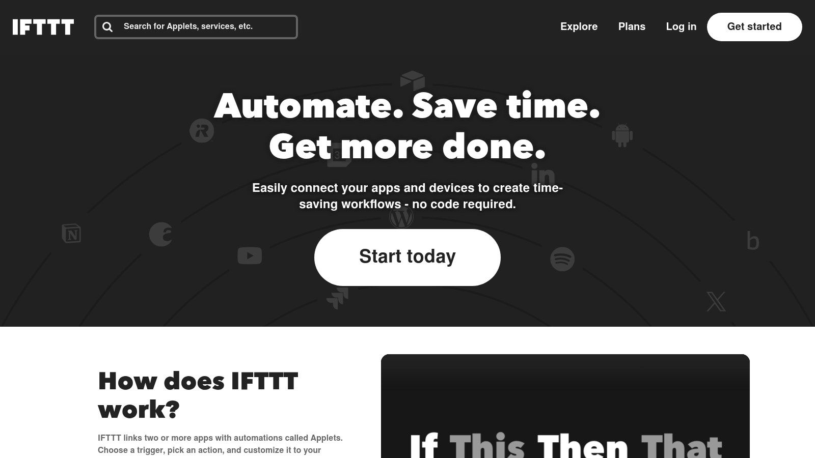 A woman holding a phone showing the IFTTT app interface, with a smart home in the background.