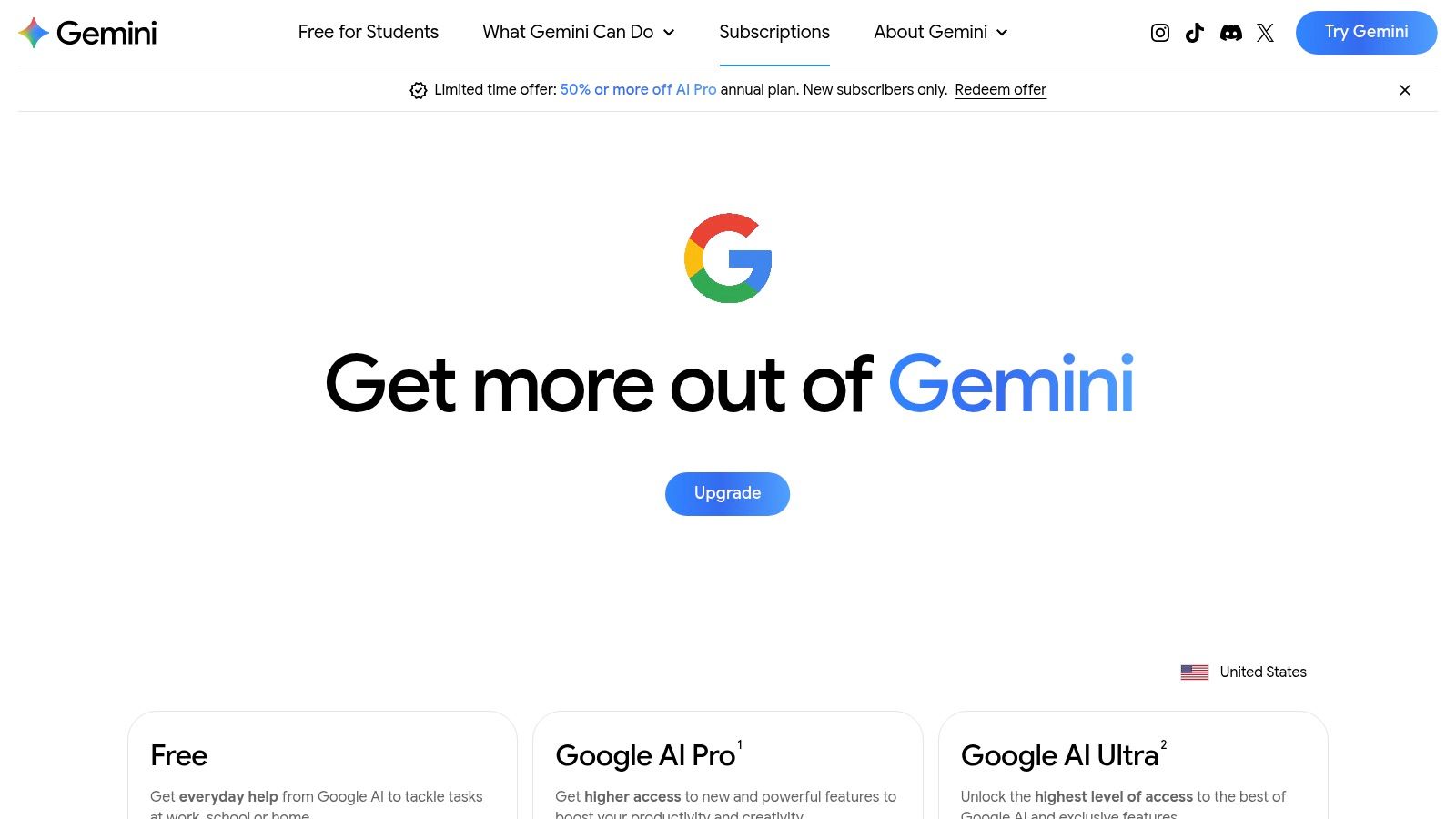 The Google Gemini subscription page showing different tiers like Gemini Advanced.