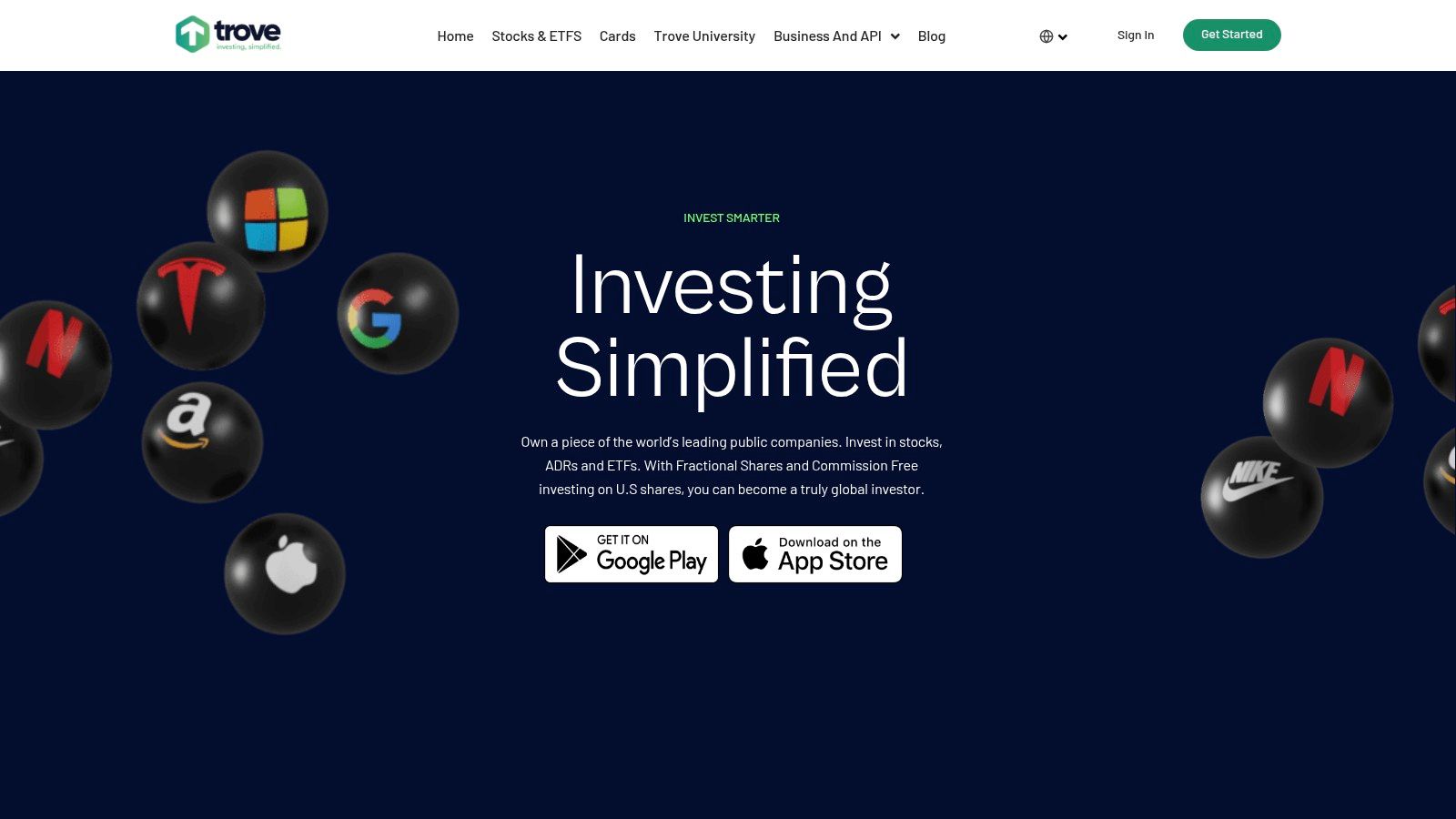 A screenshot of the Trove app interface showing a portfolio with various stocks and their performance.