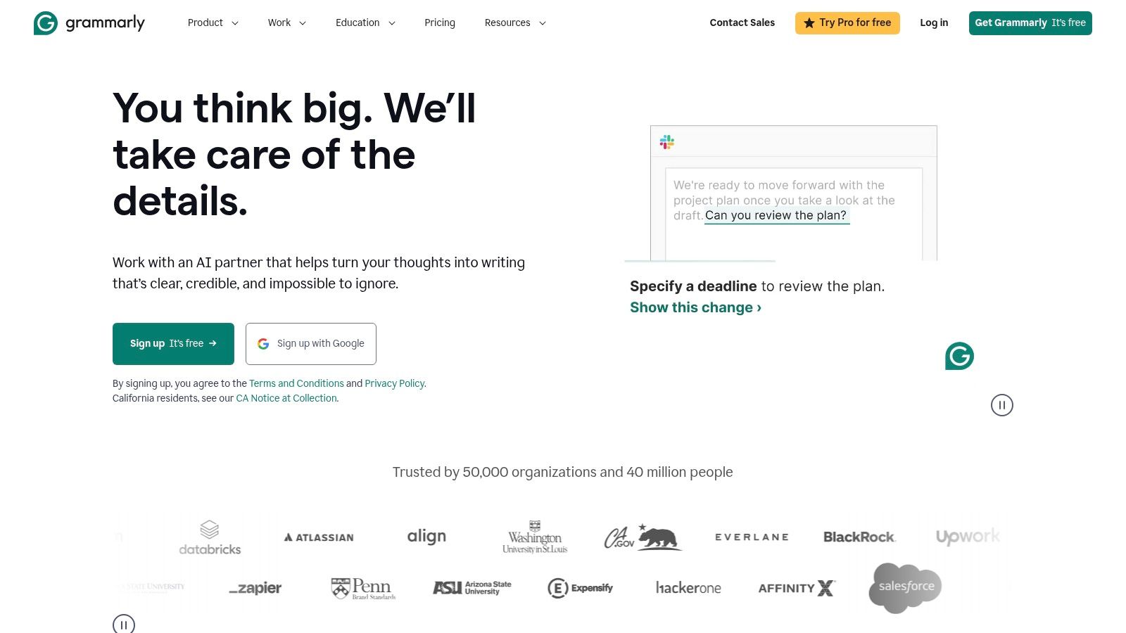 Grammarly's interface showing real-time writing suggestions in a document