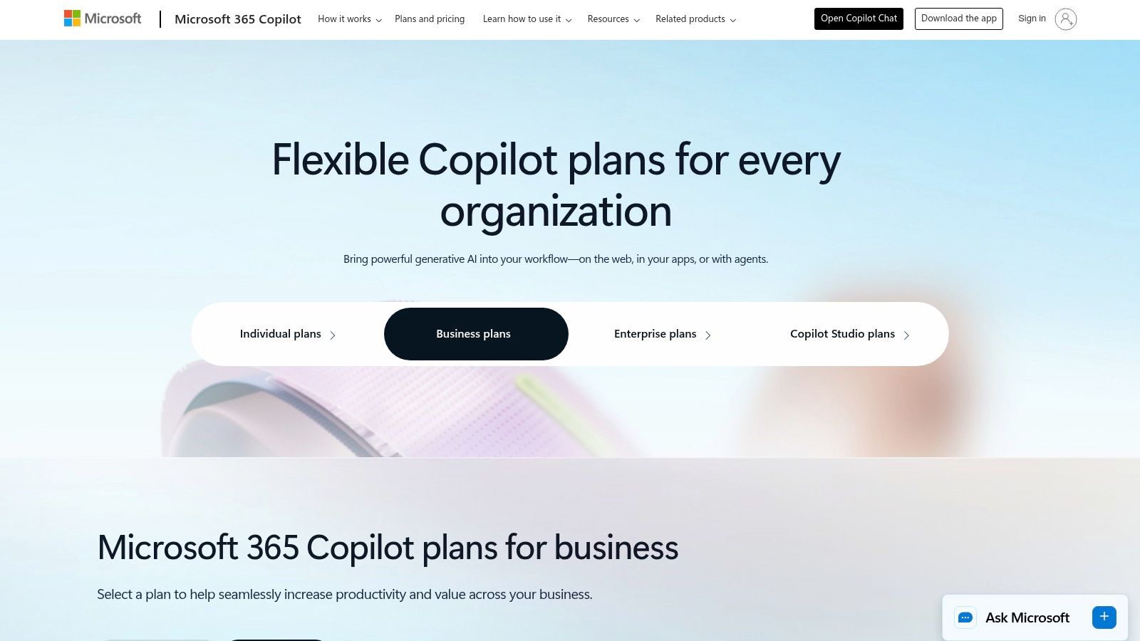 A screenshot of the Microsoft 365 Copilot pricing page showing different plan options for businesses.