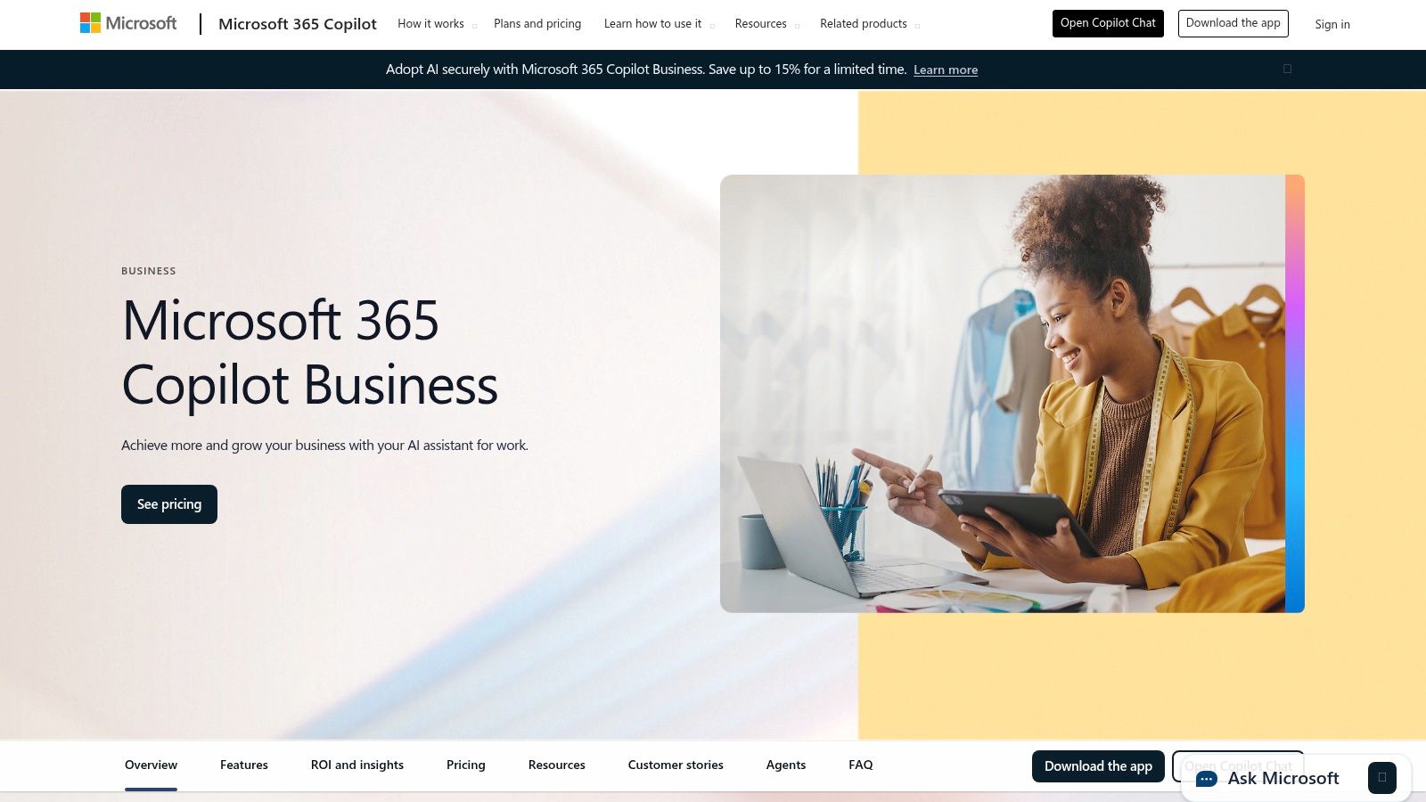 A user interacting with the Microsoft 365 Copilot for Business AI assistant inside of an application, showcasing its integration.