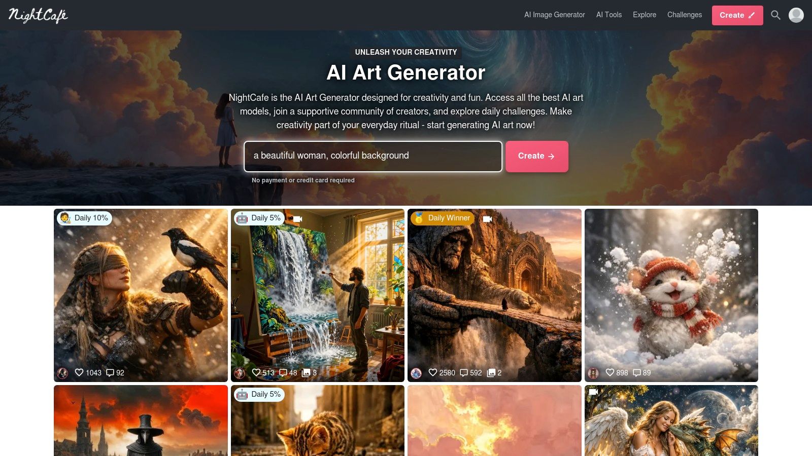 The NightCafe user interface showing a gallery of AI-generated art with community features like likes and comments.