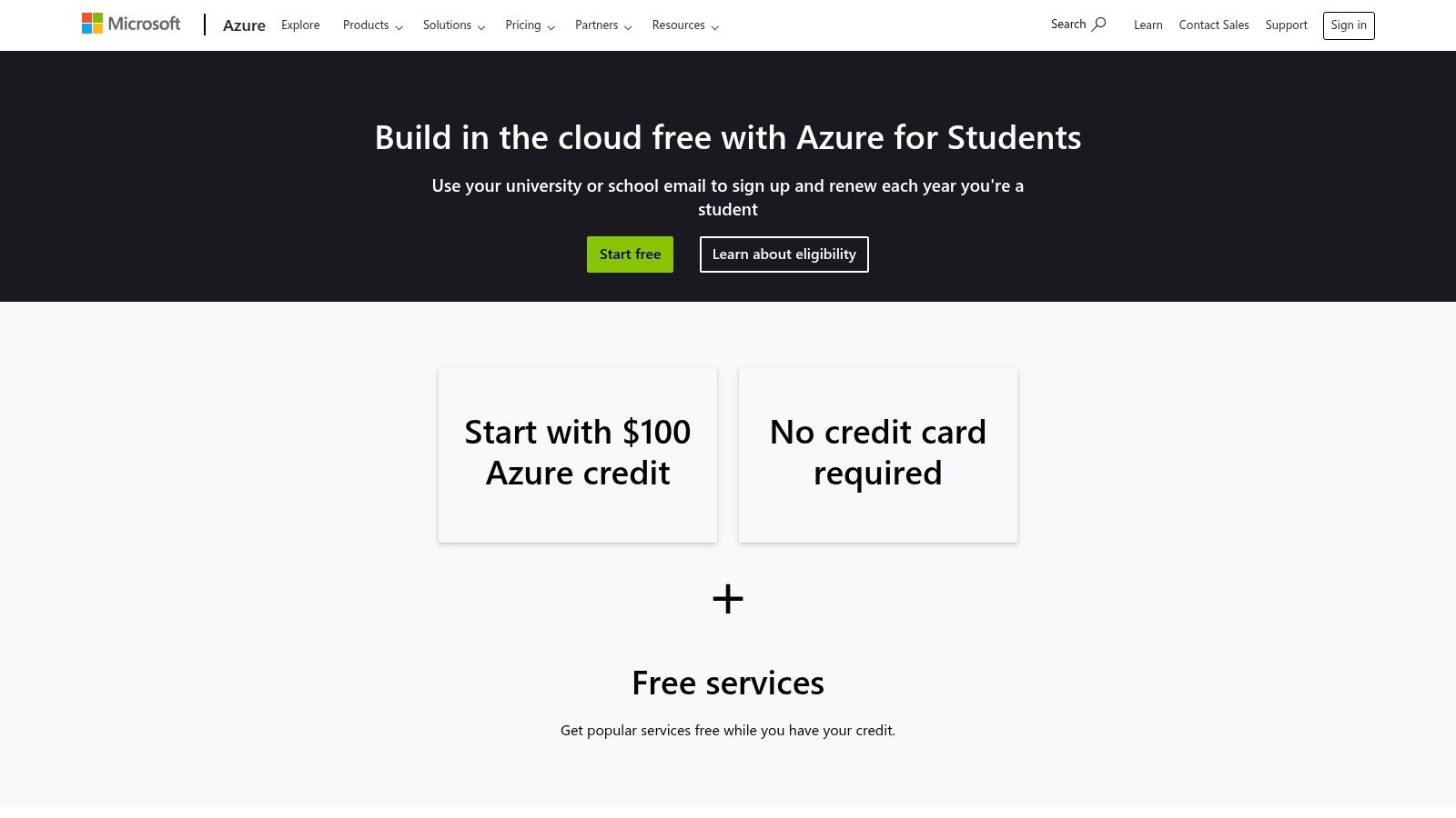 A screenshot of the Microsoft Azure for Students landing page showing the sign-up offer and benefits.