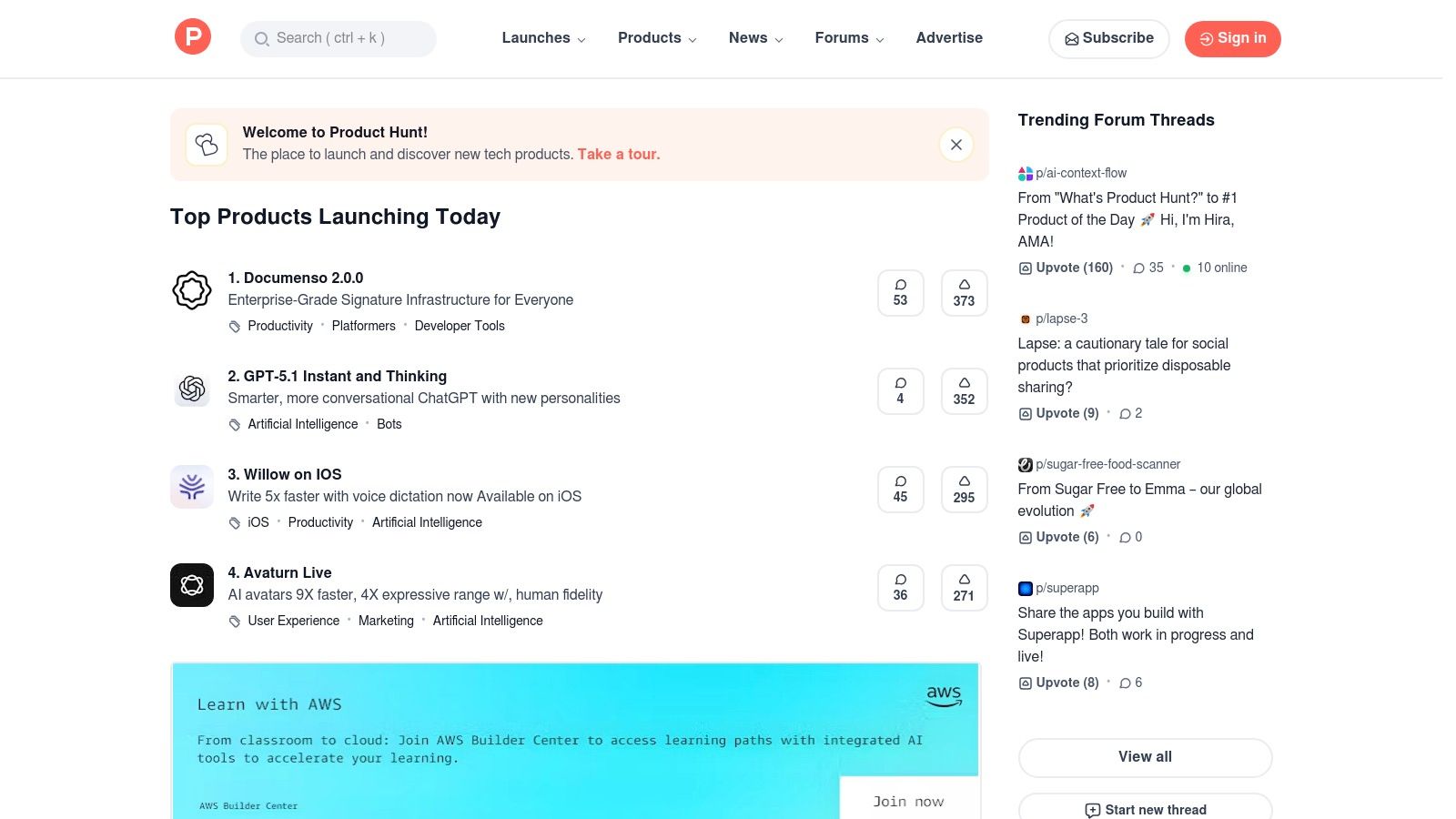 Product Hunt's homepage showing a feed of newly launched tech products with community upvotes and comments.
