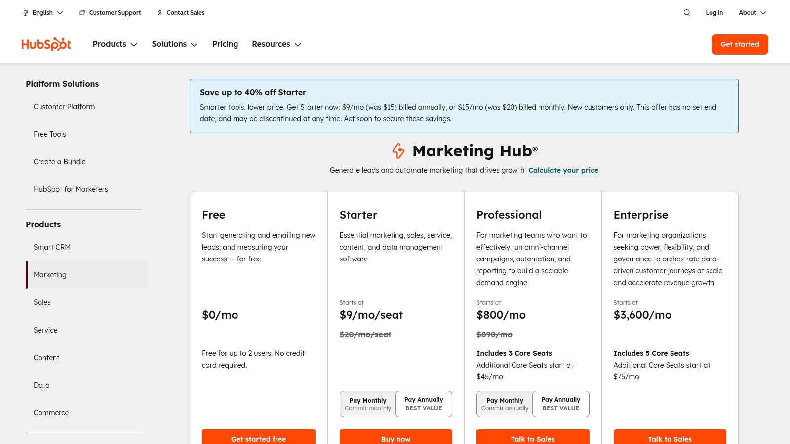 A view of the HubSpot platform, showcasing its clean interface and various hubs for marketing, sales, and service.